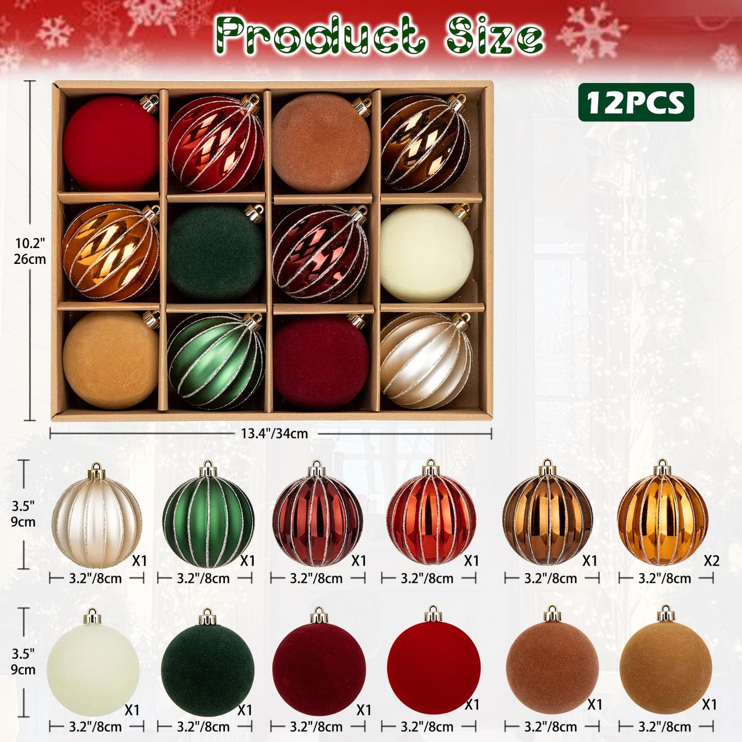Hollyone Christmas Ornaments Set Velvet and Plastic for Christmas Tree 3.2inch Large Xmas Ball Ornaments 12Pcs Flocked Balls Xmas Hanging Ornament Shatterproof Ball Set with 2 Styles Home Decor