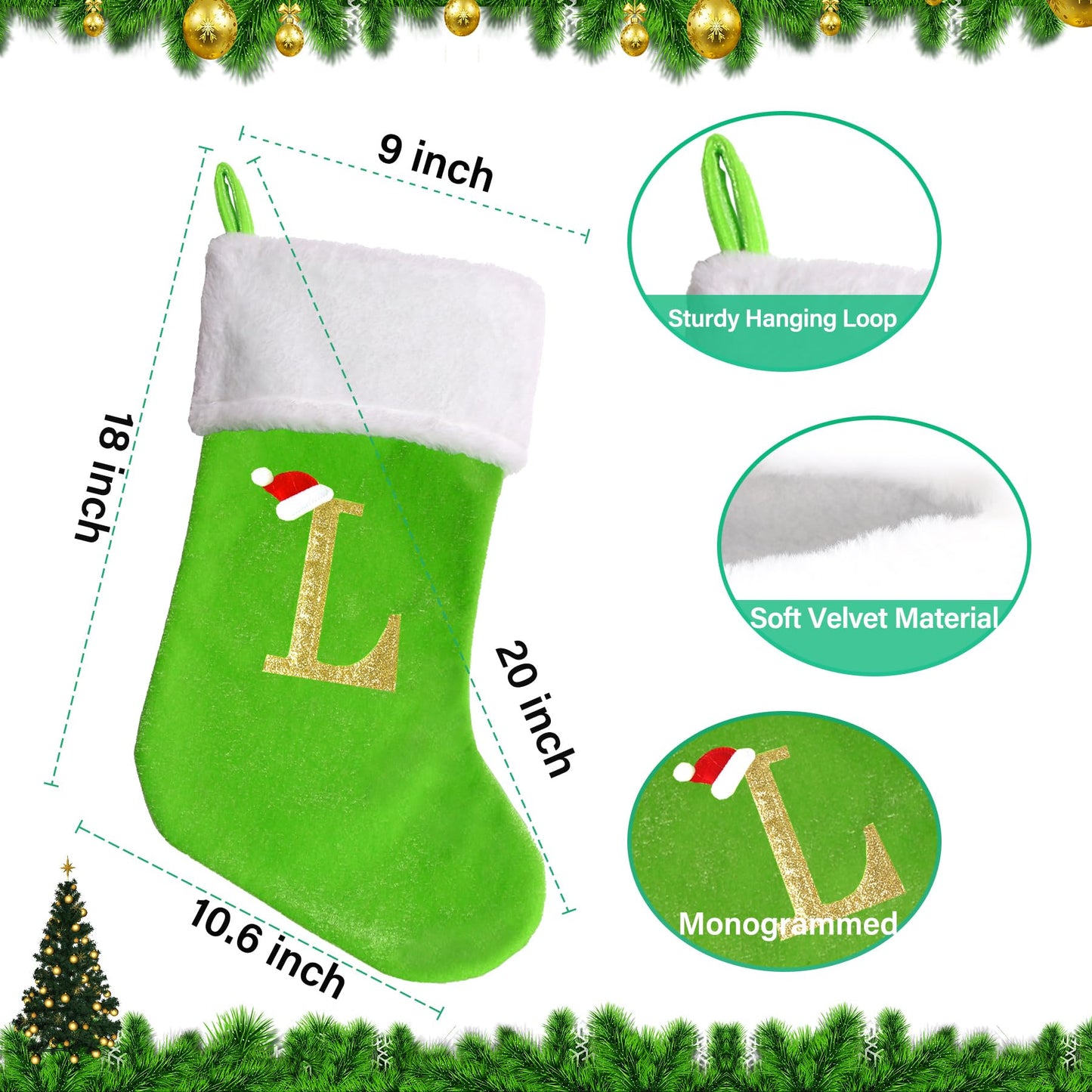 Sailup 20 Inches Monogram Christmas Stockings with Letters, Large Super Soft Christmas Stockings Green Velvet with White Super Soft Plush Cuff for Christmas Xmas Tree Holiday Fireplace Green