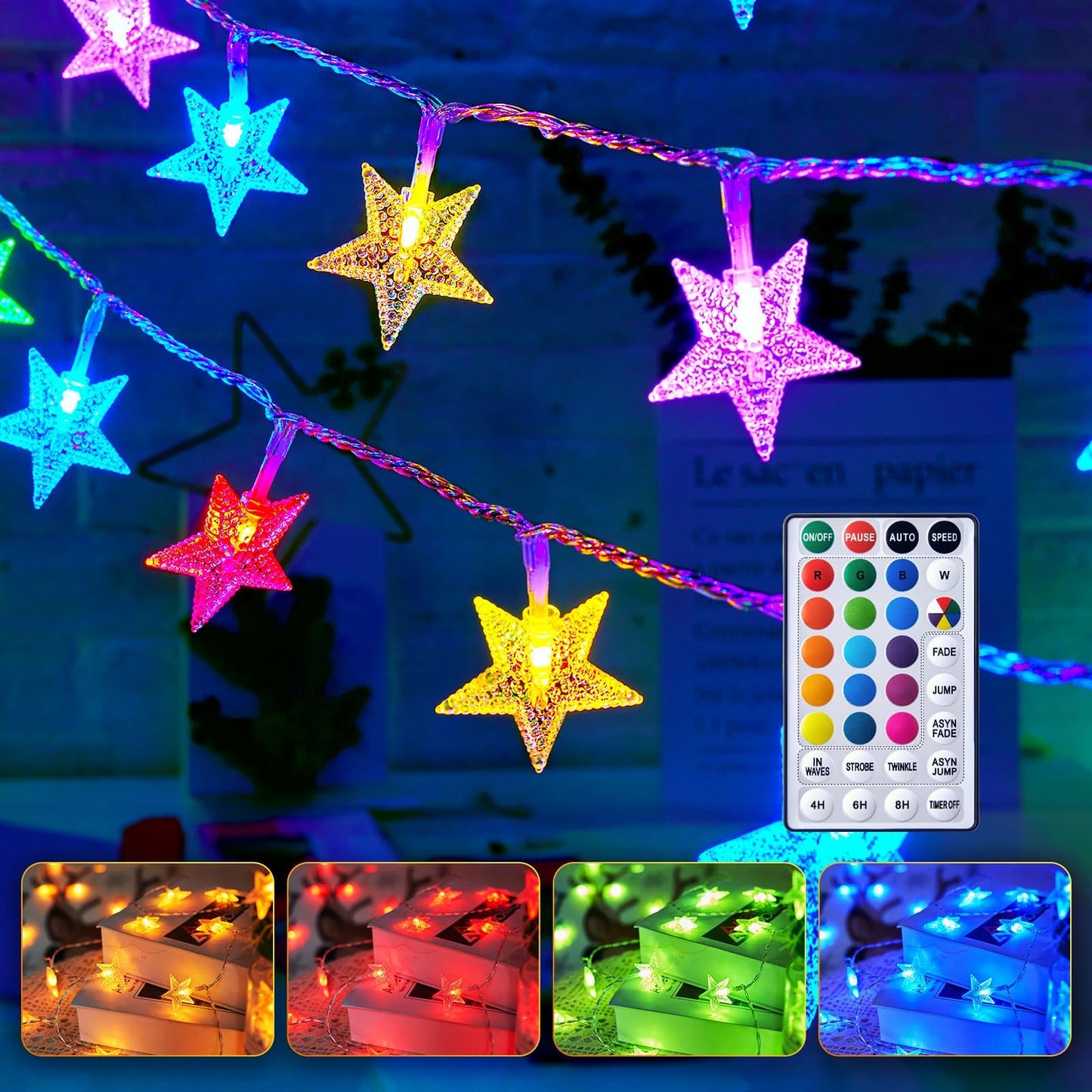 Minetom Star String Lights Battery Operated - 17 ft 50 LED Color Changing Star Fairy Light with Remote and Timer, 16 Single Colors and 7 Modes Starry Lights for Bedroom Dorm Tent Bed Patio Christmas