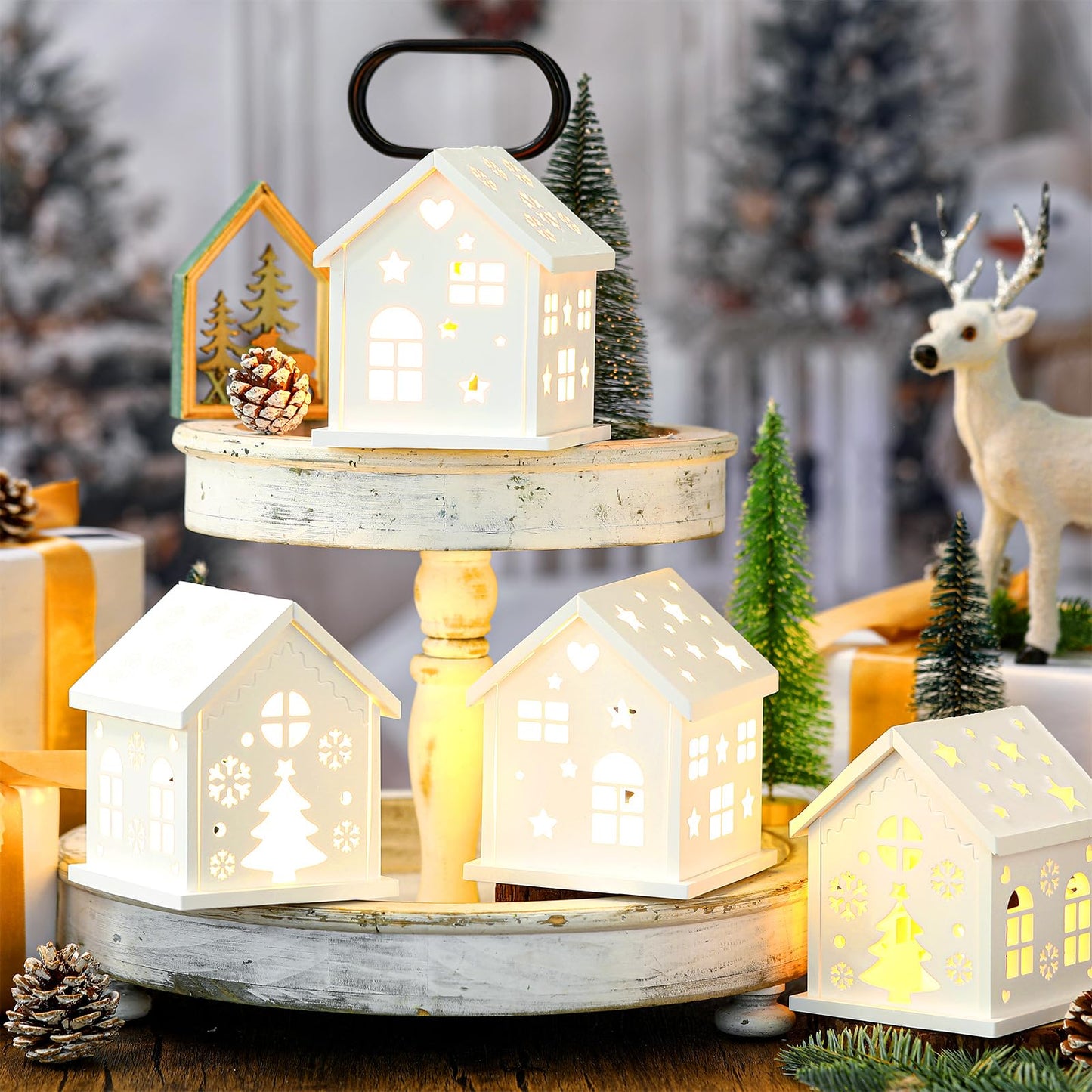 Reallnaive 2 Set Christmas Village House Silicone Molds Plaster Epoxy DIY Craft Making Mold White House Buildings Lantern Casting Xmas Tabletop Decoration for Home Indoor Xmas