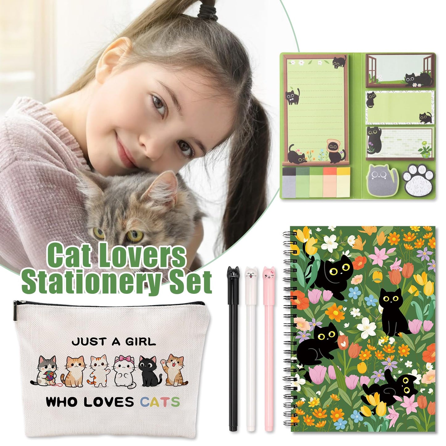 SUMMERGIFTS 6 Pcs Cat Stationery Set Pens Sticky Notes A5 Spiral Notebooks Makeup Bag Pencil Pouch for Girls Women Cute Cat Lovers Christmas Birthday Gifts School & Office Supplies (Cat Floral)