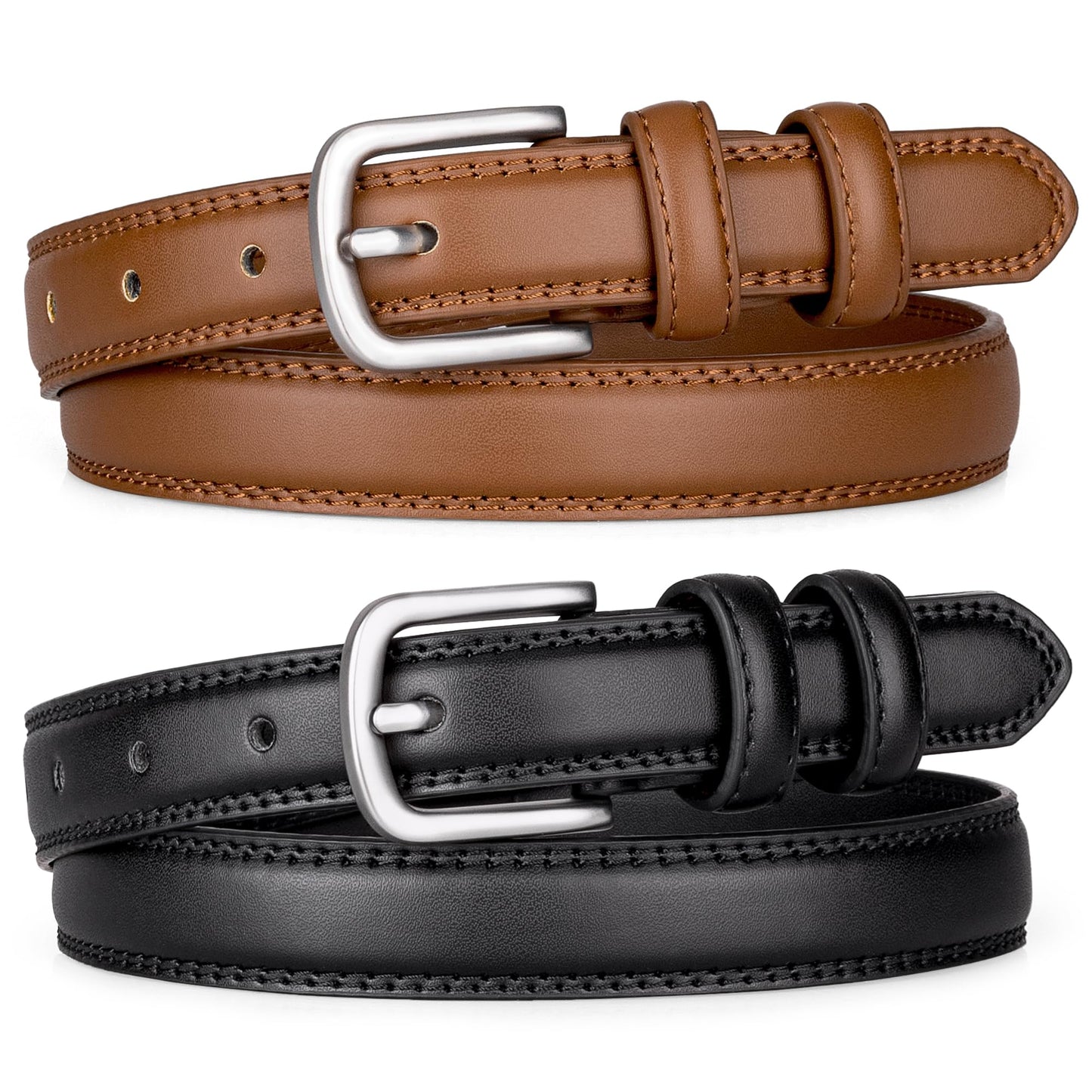 Alphyly Neries 2 Pack Leather Belts for Women Trendy, Women's Belts for Jeans Pants Dresses with Silver Buckle, Black and Brown, Fits Waist Size 26-31”
