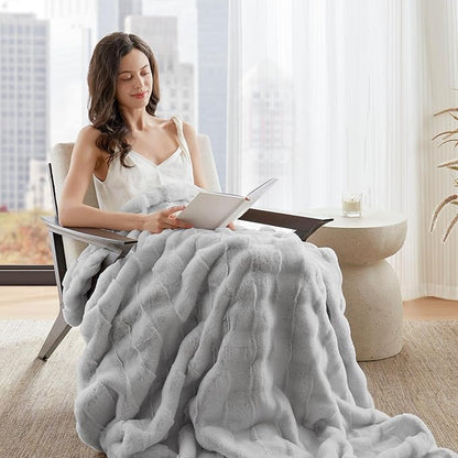 Madison Park Luxuriously Cozy Soft Long Faux Fur Basketweave Blanket, Reversible Soft & Snuggly Velvet Throw, Lightweight, Breathable, All Season, Trendy Room Décor, 50x60, Light Grey