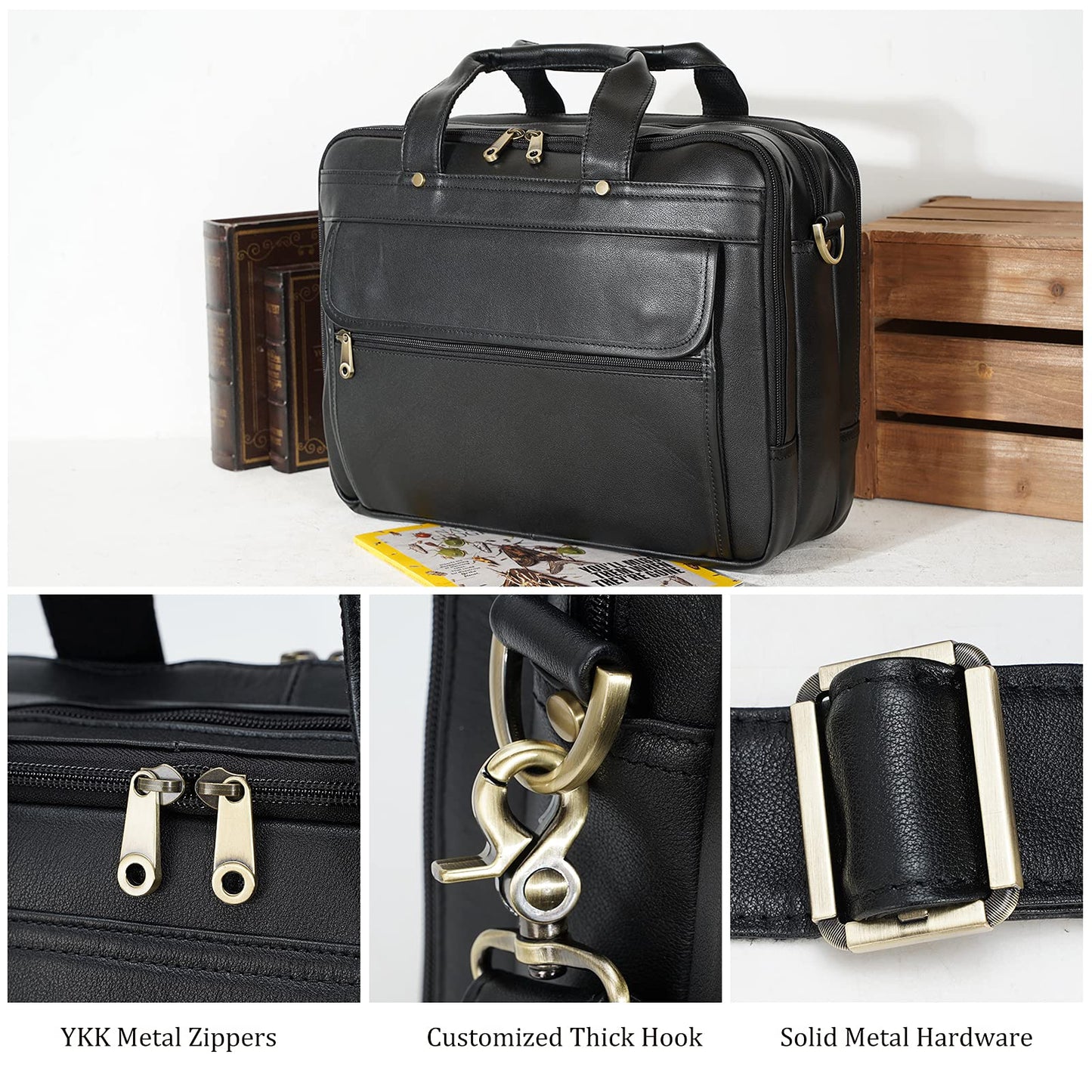Polare Natural Napa Leather 16'' Black Business Briefcase Laptop Messenger Bag for Men with YKK Zippers