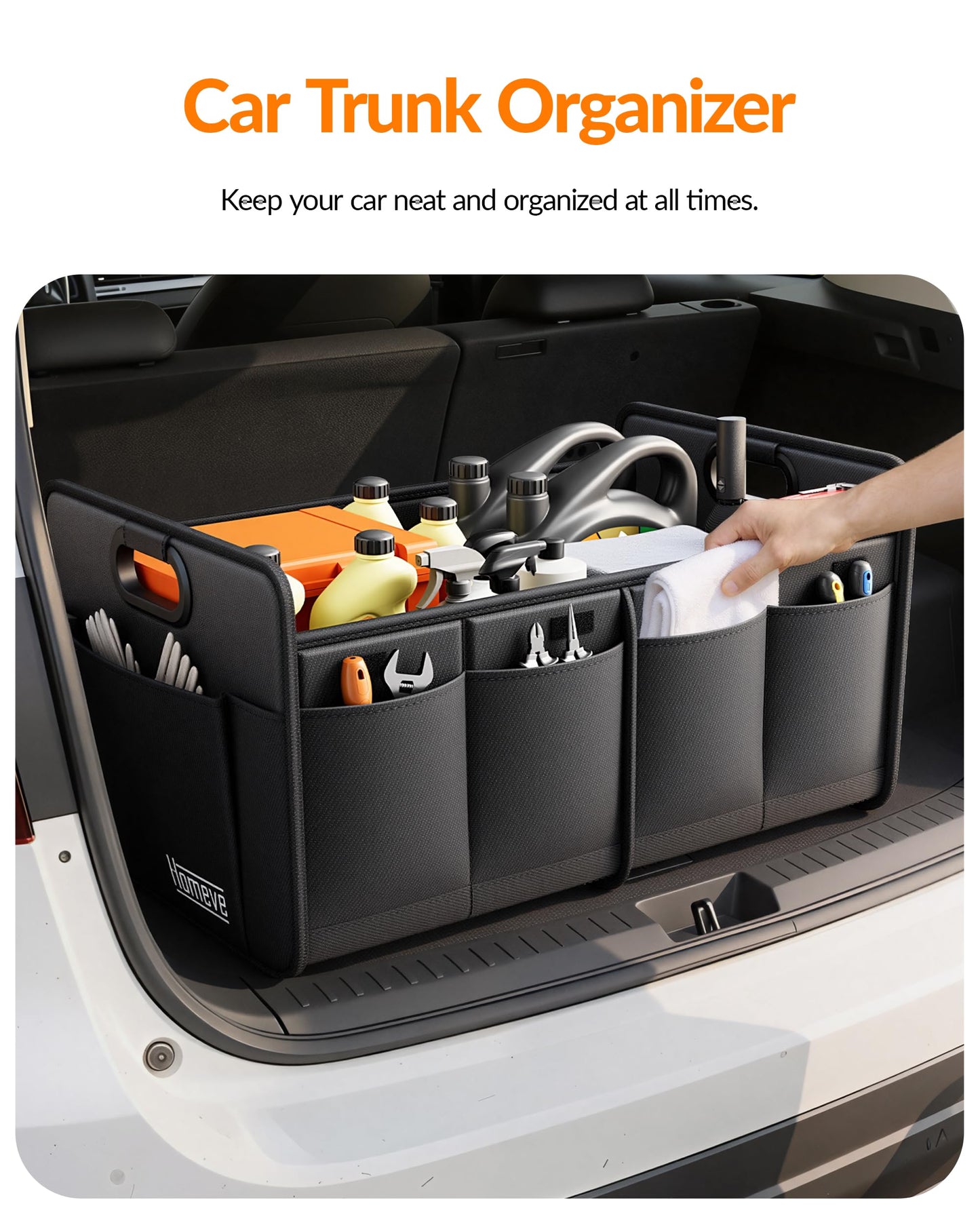 Homeve Trunk Organizer, Car Storage, Reinforced Handles, Collapsible Multi-Compartment, Foldable, Waterproof, Sturdy, 600D Oxford Polyester For Car, SUV, Mini-Van, Black, 2 Compart