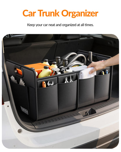 Homeve Trunk Organizer, Car Storage, Reinforced Handles, Collapsible Multi-Compartment, Foldable, Waterproof, Sturdy, 600D Oxford Polyester For Car, SUV, Mini-Van, Black, 2 Compart