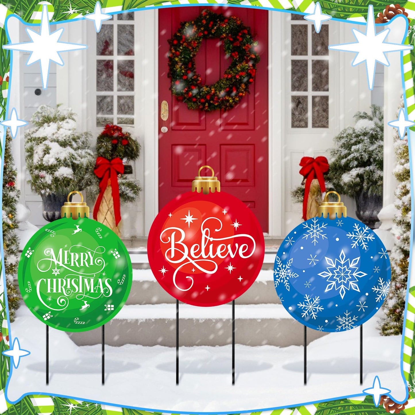 3 Pcs Metal Christmas Balls Yard Signs 20'' H Outdoor Waterproof Snowflake Believe Merry Christmas Yard Sign with Stakes for Outside Porch Patio Lawn Garden Pathway Xmas Holiday Winter Decoration