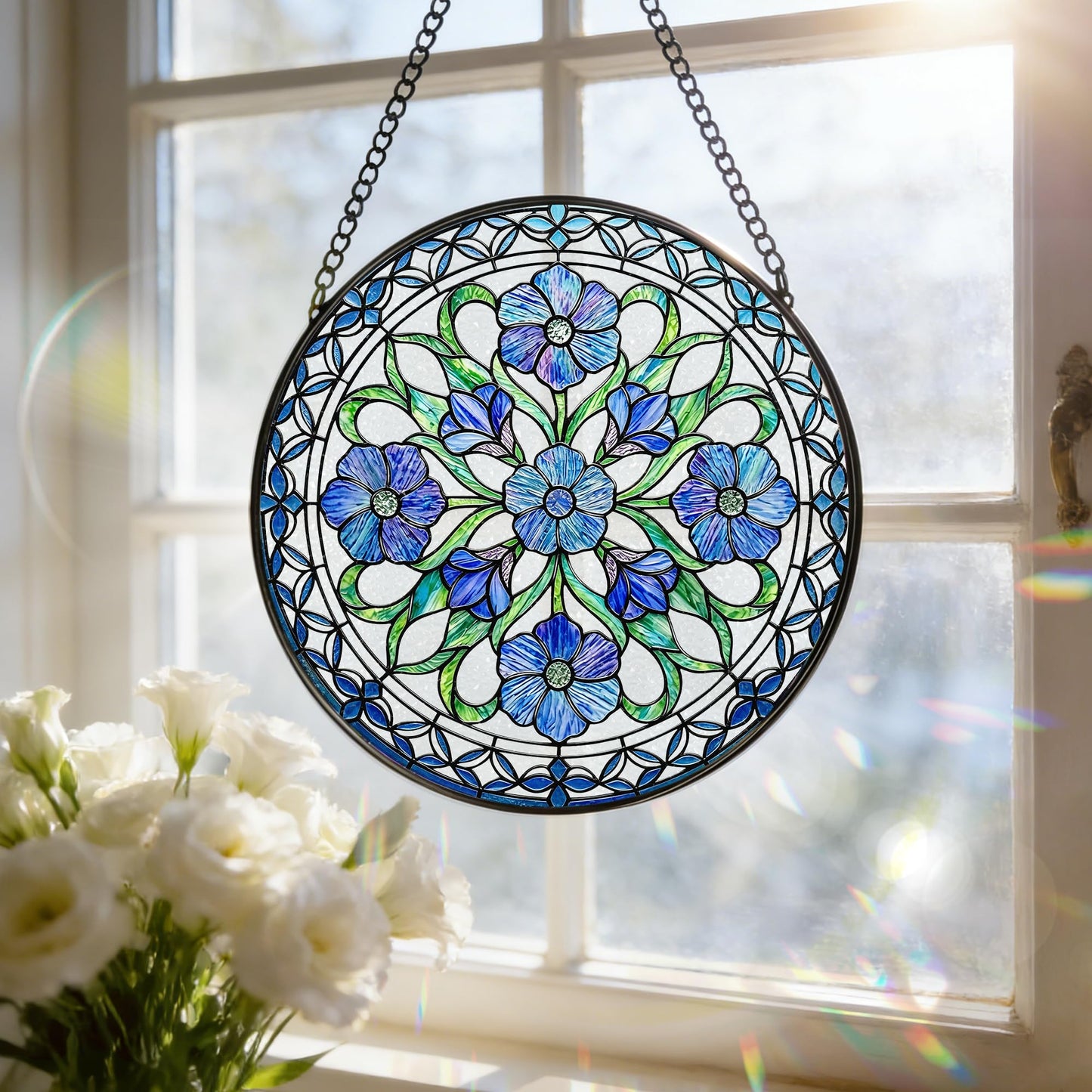 Stained Glass Window Hanging, 7.8 Inch Blue Flower Stained Glass Suncatcher Ornament, Botanical Window Hanging - Mother’s Day, Birthday, Christmas & Housewarming Gift for Mom, Grandma, Sister & Friend