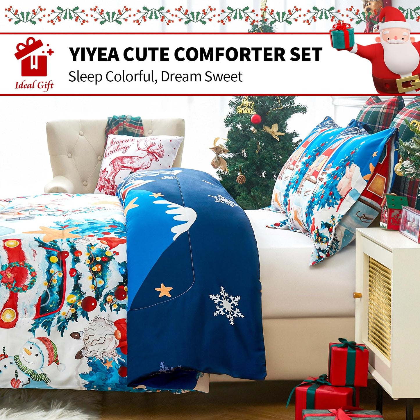 YIYEA Christmas Queen Comforter Set for Girls Boys, Cute Kids Comforter with 2 Pillowcase, Ultra Soft Brushed Microfiber Christmas Bedding Comforter Sets, Suit for All Season, Machine Washable