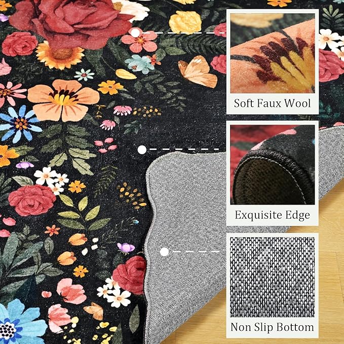 Kitchen Rug Runners for Hallways: 2'6''x10' Washable Runner Rugs for Kitchen Ultra Thin Stain Resistant Non Slip Low Pile Lightweight Vintage Floral Carpet for Farmhouse Decor (Black)