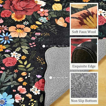 Kitchen Rug Runners for Hallways: 2'6''x10' Washable Runner Rugs for Kitchen Ultra Thin Stain Resistant Non Slip Low Pile Lightweight Vintage Floral Carpet for Farmhouse Decor (Black)