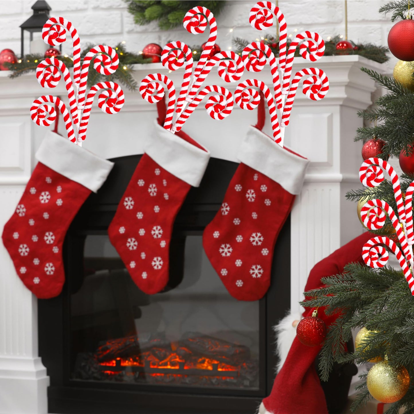 Sggvecsy 6 Pcs Christmas Tree Decoration Woolen Bells Candy Cane Shape Picks Lollipop Curly Pick Ornaments Xmas Tree Topper for Party Vase Filler Home Office Decor (Red)