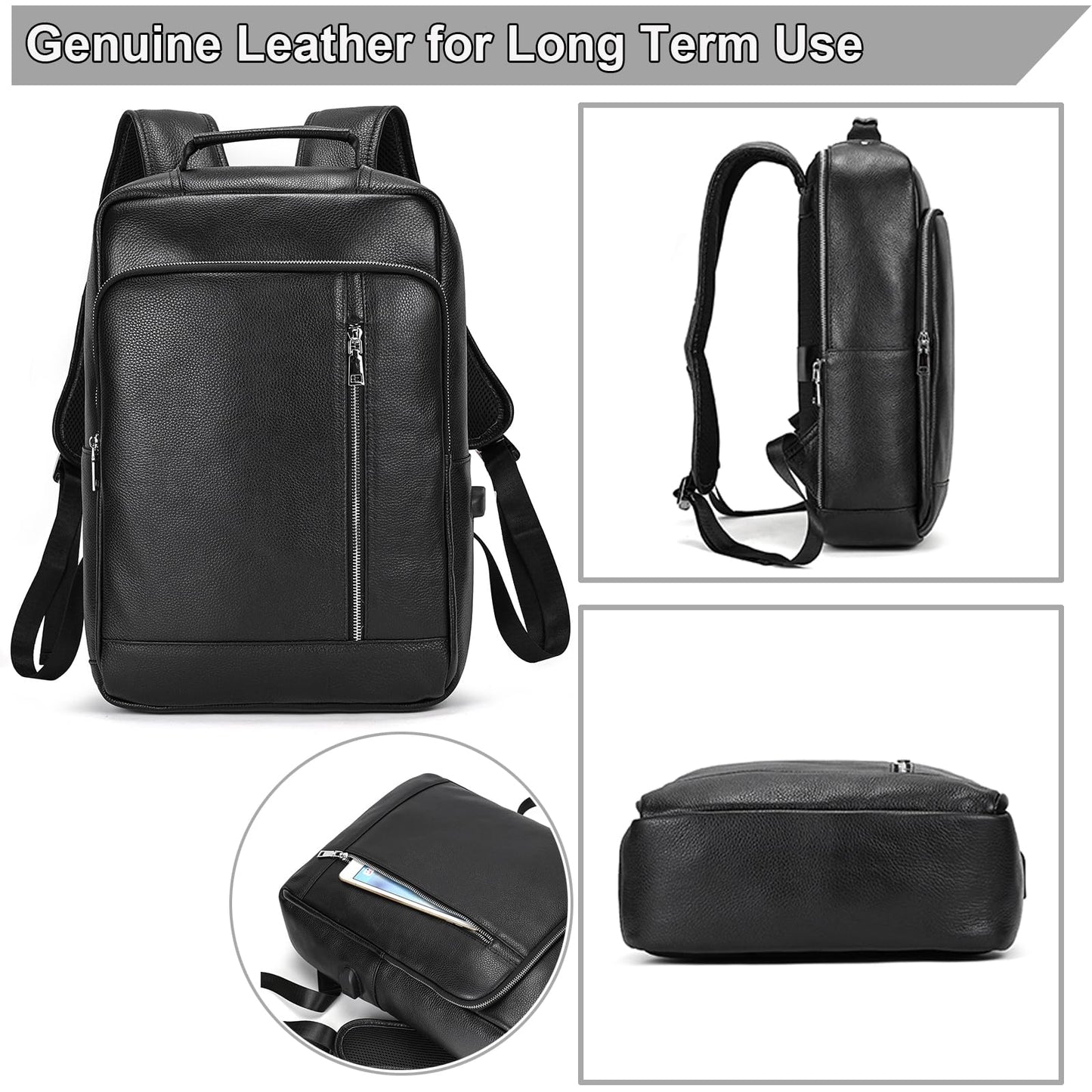 Yevabo Genuine Leather 15.6 Inch Laptop Backpack for Men, Multi Pocket Slim Daypack Shoulder Bag with Trolley Sleeve for Business Travel (Black)