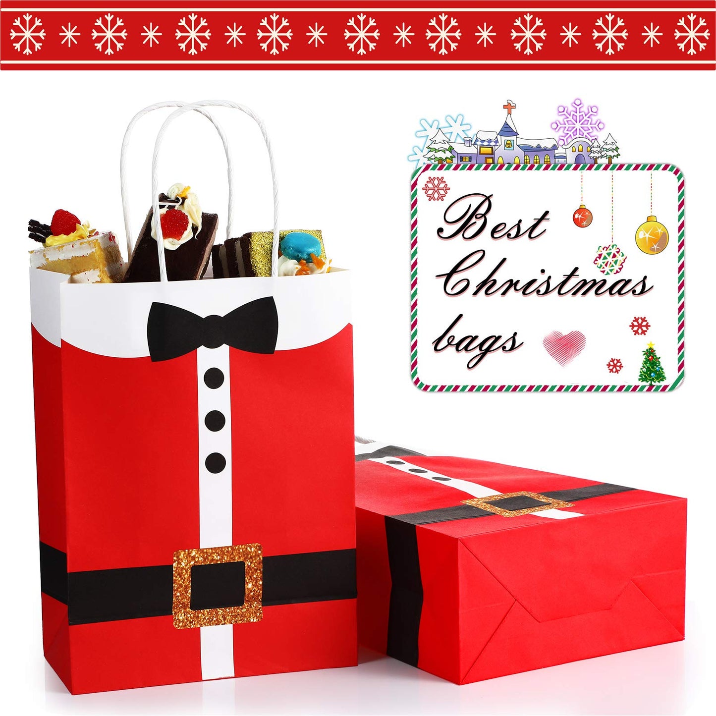 16 Large Santa Clause Suit Print Bags with Handle, Durable Kraft Paper Present Wrapping Bags for Xmas Party Supplies, 6.3 x 3.1 x 8.7 Inches