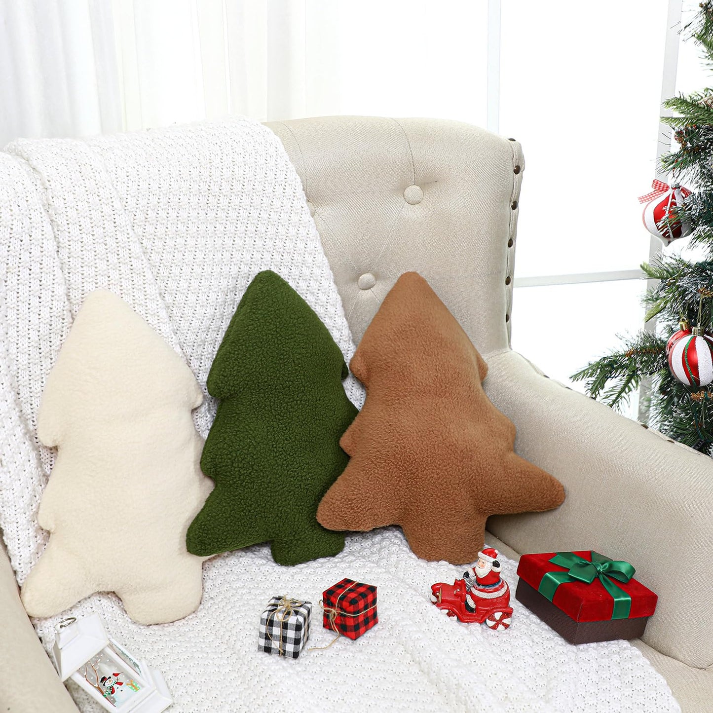 Anglechic 3 Pcs Christmas Pillows Neutral Christmas Tree Decorative Throw Pillows Xmas Tree Stuffed Wool Pillows Soft Xmas Plush Cushion for Sofa Couch Bedroom Livingroom