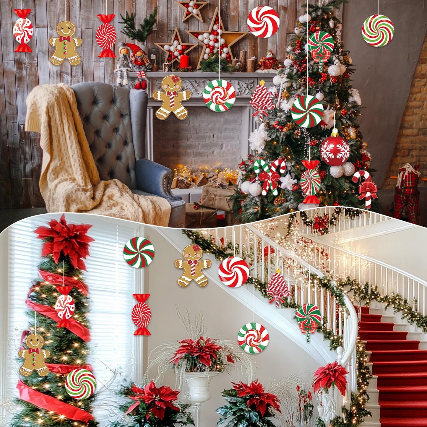 18 Pcs Gingerbread Christmas Ornaments, Candy Gingerbread & Peppermint Yard Signs, Outdoor Xmas Hanging Ornaments for Lawn, Festive Winter Party Supplies