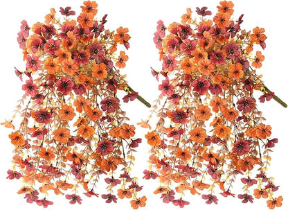 Artificial Faux Mums Fall Flowers for Outdoor Outside Decoration, 2 PCS Fake Silk Daisy Flower Plants Realistic UV Resistant for Home Porch Balcony Patio Autumn Decor (Orange Brown