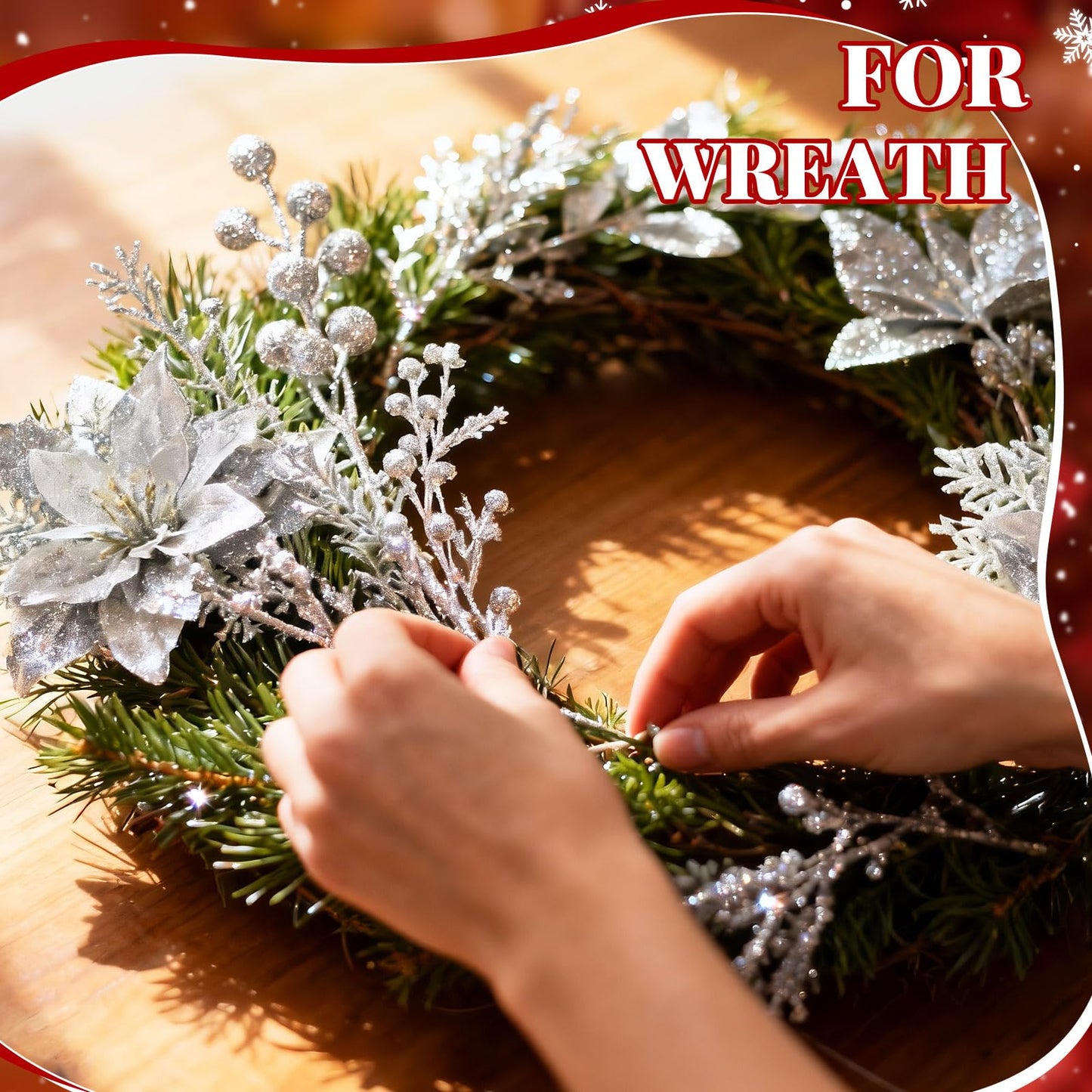 Yerliker 108 Pcs Sliver Glitter Christmas Picks and Sprays, 12 Styles Artificial Christmas Floral Berry Branches Flowers Stems for Xmas Tree Ornaments Wreath Garland DIY Vase Holiday Party Decor