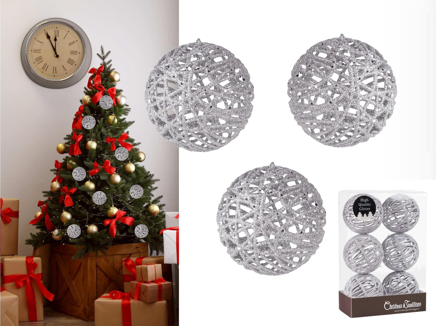 Christmas Traditions 4 inch Silver Glittered Rattan Ball Ornaments Hanging Tree Decorations (Set of 6)