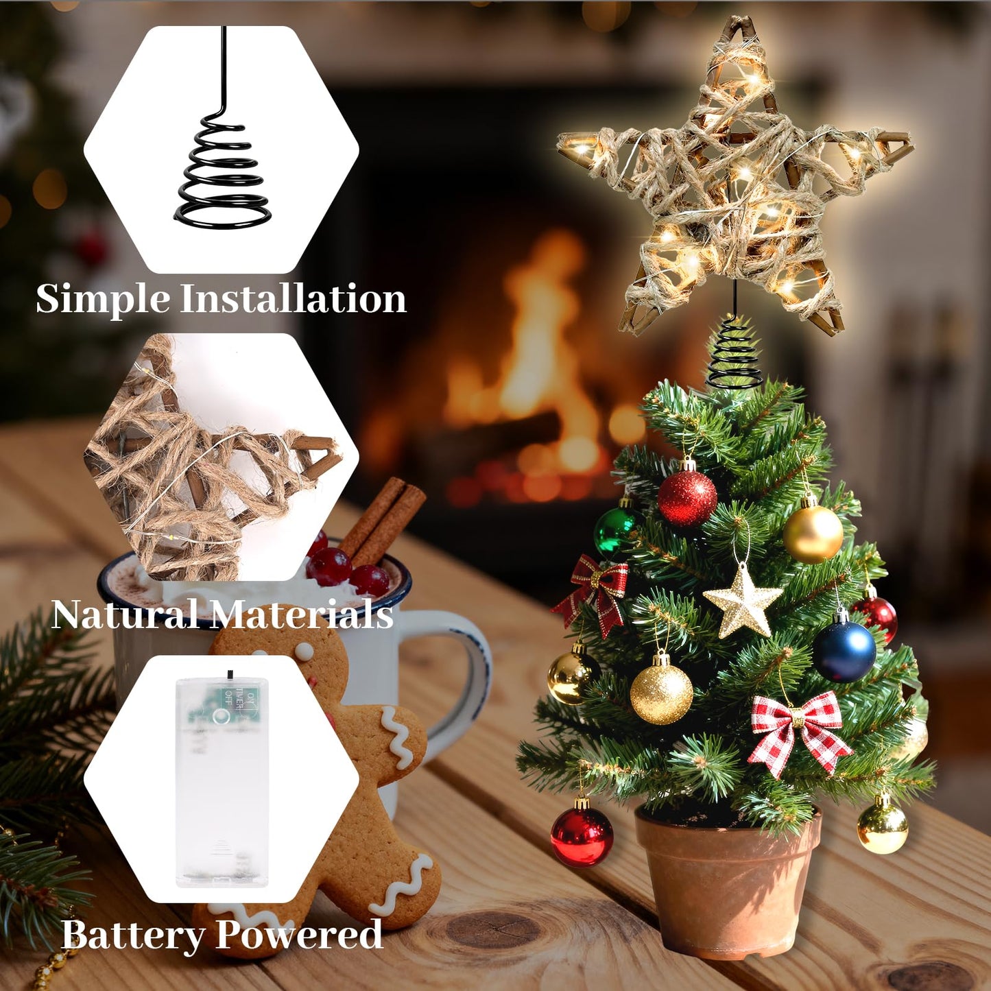 LAWOHO Christmas Tree Topper Retro Woven Star with Lights, Farmhouse Christmas Decor, Mini Rustic 6 Inch Star with 6H Timer, Light Up Christmas Tree Decorations, for Xmas Tree, Holiday, Party