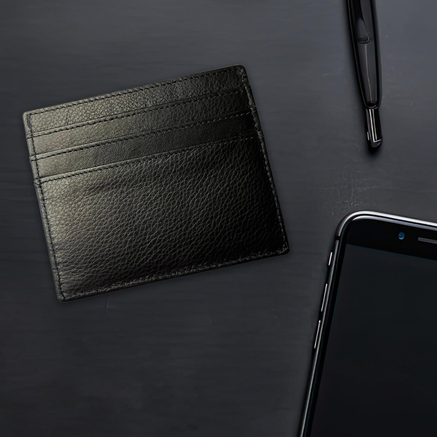6 Card Minimalist Wallet for Men & Women - Genuine Leather Ultra Thin Black Credit Card Holder - Compatible with Amex Cards