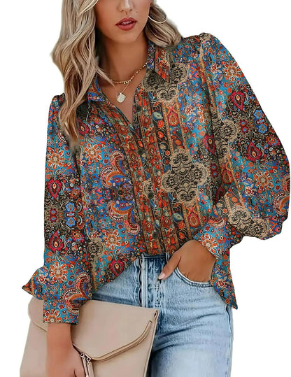 Zeagoo Womens Shirts Button Down Printed Lantern Long Sleeve Blouse Fashion Casual Tops 2025