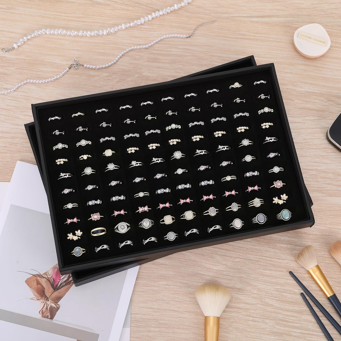 FUPMILPHRANX 4 Pack Velvet Ring Display Tray 100 Slots Stackable Jewelry Organizer Tray Ring Holder Showcase for Rings Earrings Jewelry Storage for Drawer Dresser Store Display