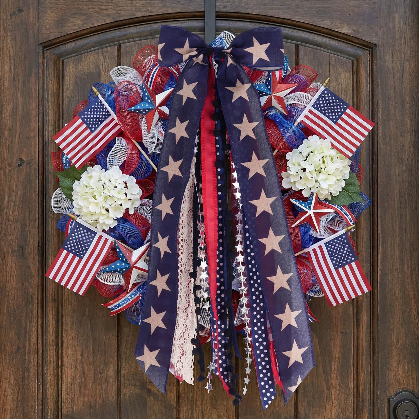 Kutyndrix Large Patriotic Front Door Wreath Sash, 8-Ribbon Americana Star Bow with Metal Clip, Wired Edge Red White Blue Decor for Independence Memorial Day