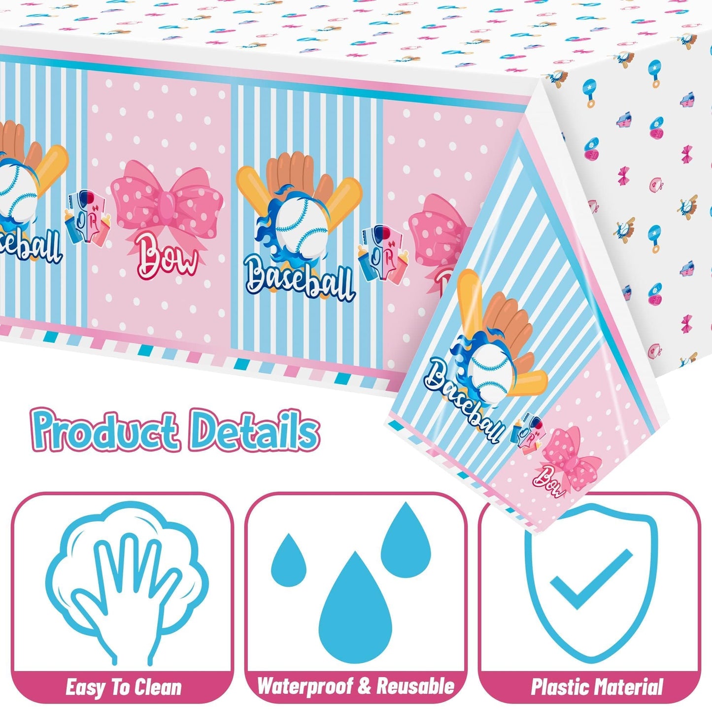 BkeeCten Gender Reveal Table Cover - 3 Packs Sport Baseball or Bow Gender Reveal Disposable Waterproof Plastic Rectangle Table Cloth Gender Reveal Party Favor Decoration Supplies(54x108 Inch)