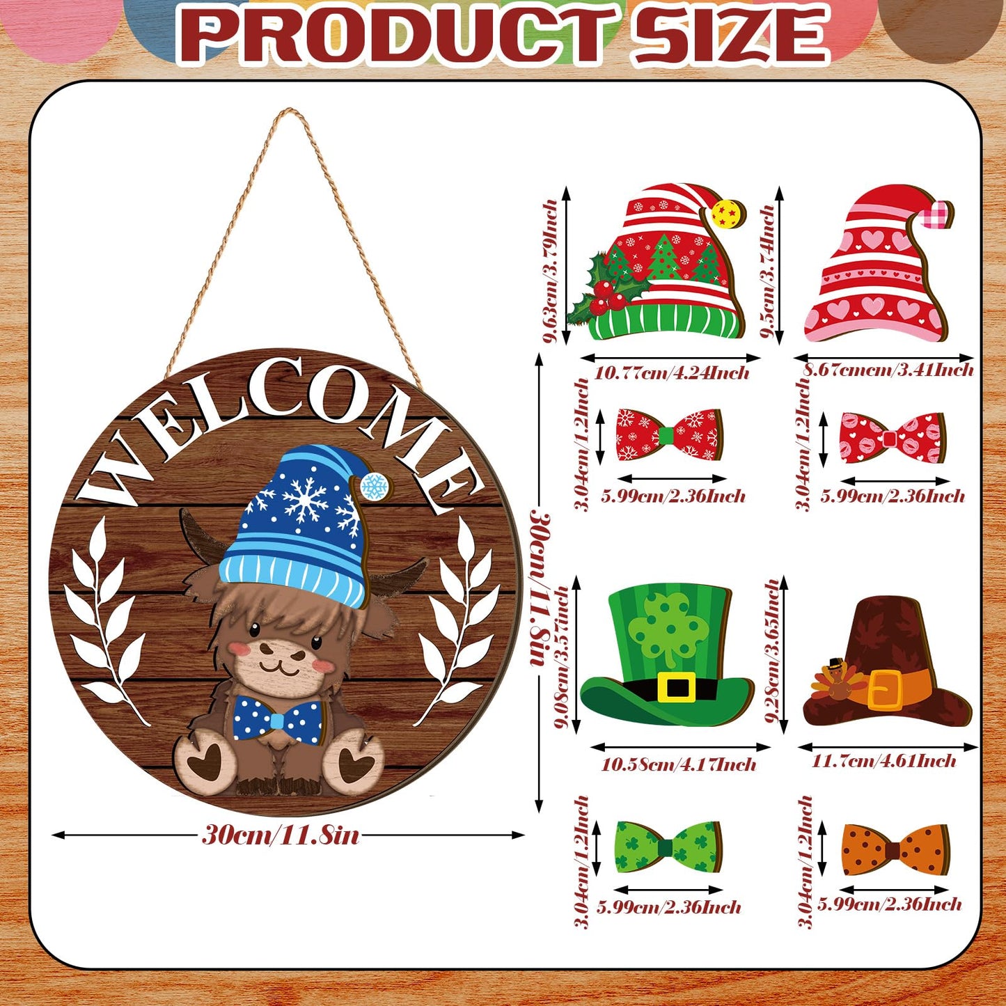 GlikCeil 33 Pcs Holiday Interchangeable Highland Cow Welcome Sign Highland Cow Seasonal Wooden Hanging Door Decor Patriotic Farmhouse Hanging Sign for Front Door Graduation Decor(Brown Grain)