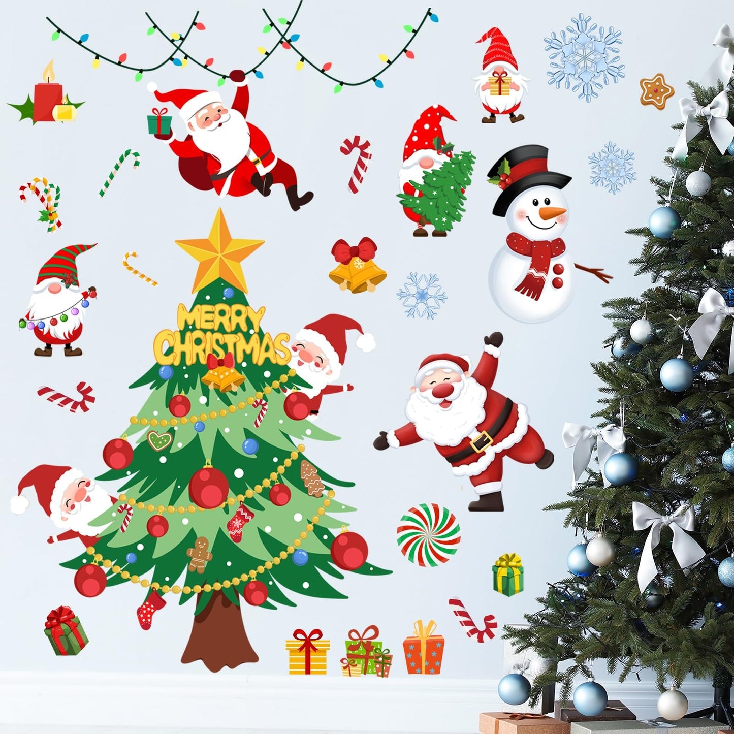 41.33 x 41.33 Inch Christmas Tree Wall Decal Christmas Santa Claus Snowmen Wall Stickers Removable Xmas Wall Decor for Christmas Holiday Party Supplies Home Window Decor