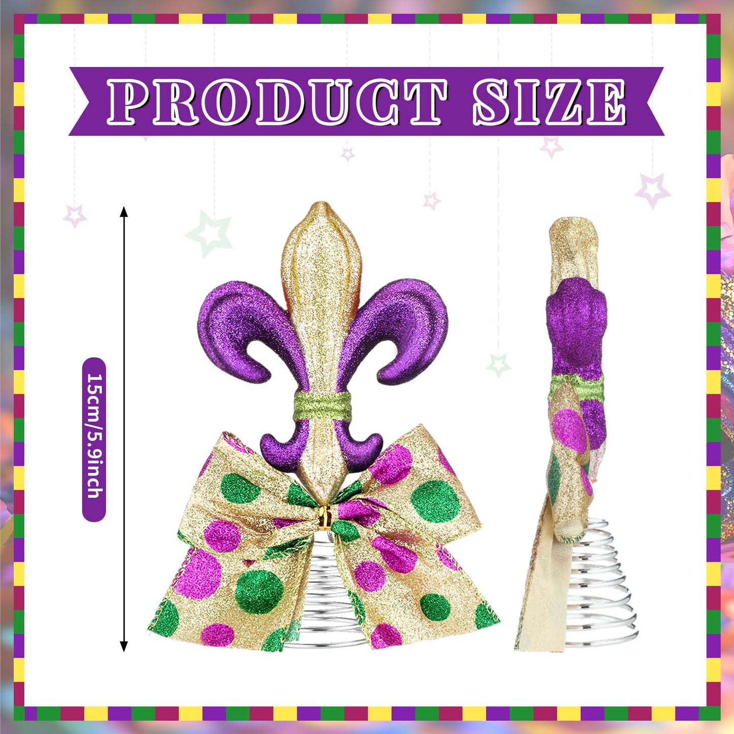 PullCrease Mini Mardi Gras Tree Topper 5.9 Inch Purple Green Gold Bow Tree Topper Mardi Gras Ornament Decoration for Carnival Holiday Party Festive Home Decor