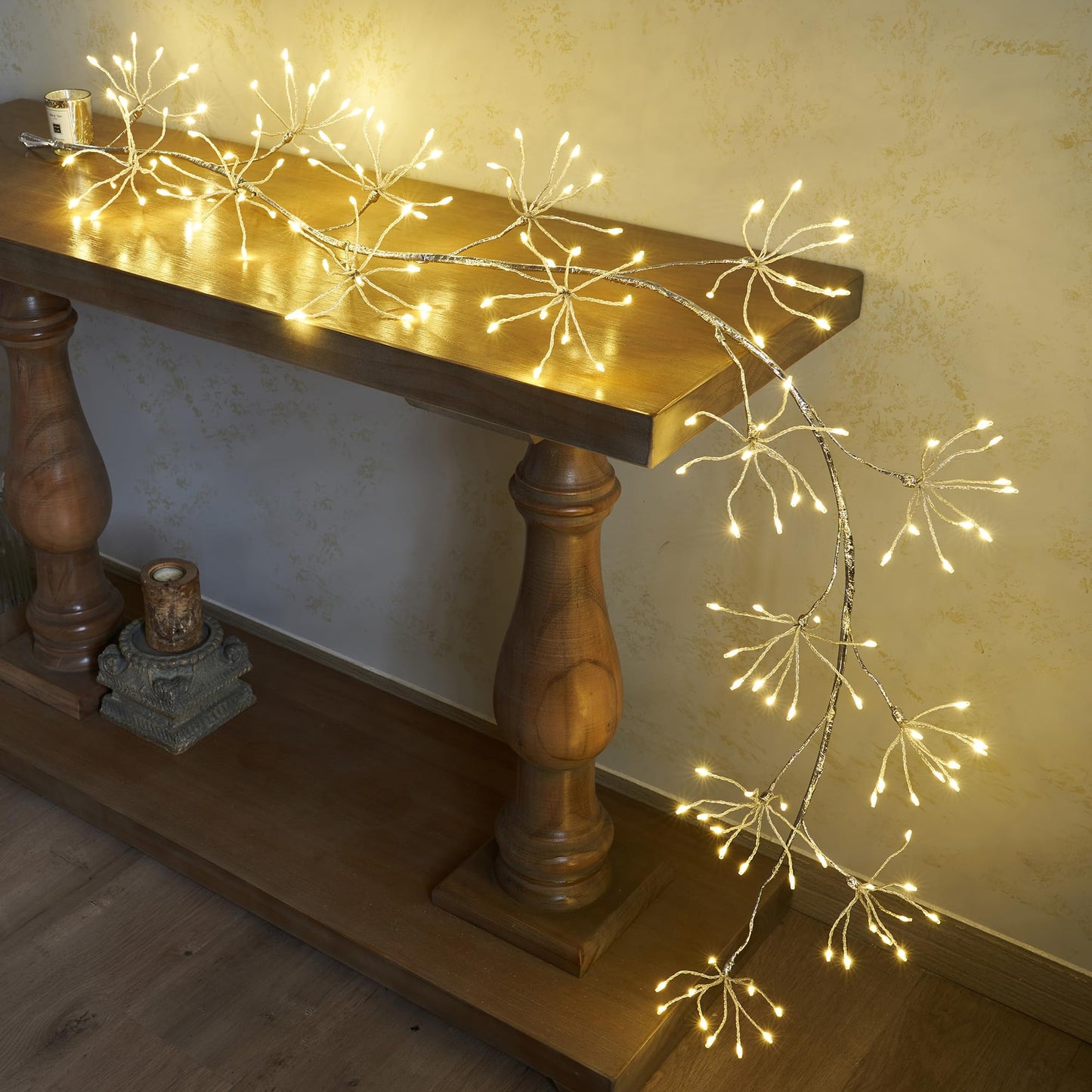 LITBLOOM Lighted Starburst Garland with Timer and Dimmer 6FT, Sliver Garland with Lights 160 Warm White LED Lights for Home Fireplace Mantle Thanksgiving Christmas Decoration Indoor Outdoor