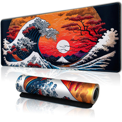Hopipad Japanese Sea Waves Large Gaming Mouse Pad for Desk, Desk Mat with Seamed Edges, Waterproof Desk Pad, Non-Slip Rubber Base, 31.5x11.8 Inch Keyboard Pad Computer Mat, Big XL Mousepad