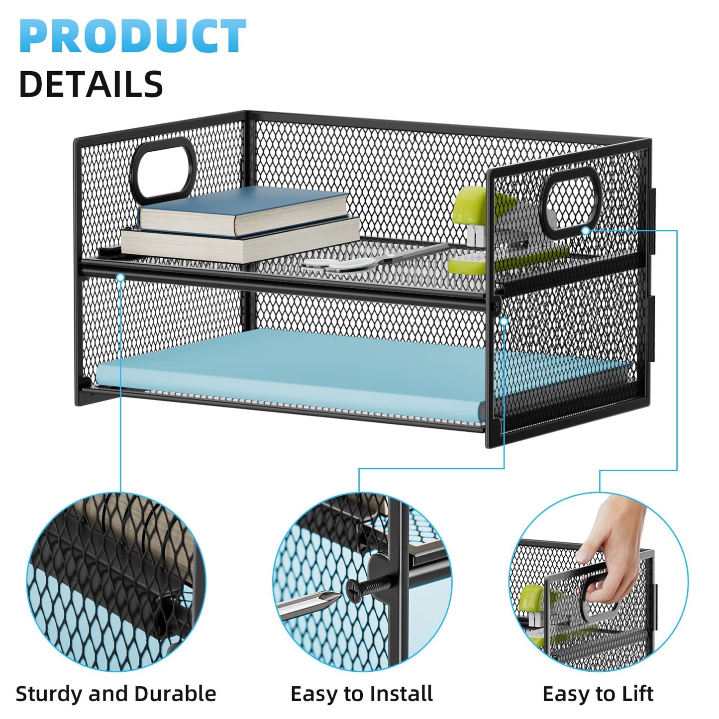 Marbrasse 2 Tier Paper Organizer Letter Tray, Mesh File Organizer with Handle, Paper Sorter Desk Organizer for Home Office Supplies - Black