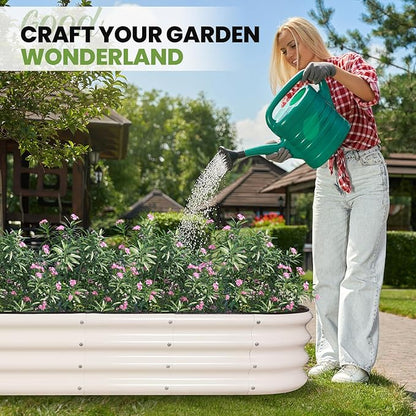 G GOOD GAIN Raised Garden Beds - 4x2x1ft Galvanized Planter Boxes Kit with Protective Tape & Gloves & Tools | Oval Metal Outdoor Raised Bed for Gardening Vegetables, Fruits, Flowers, Herbs, White