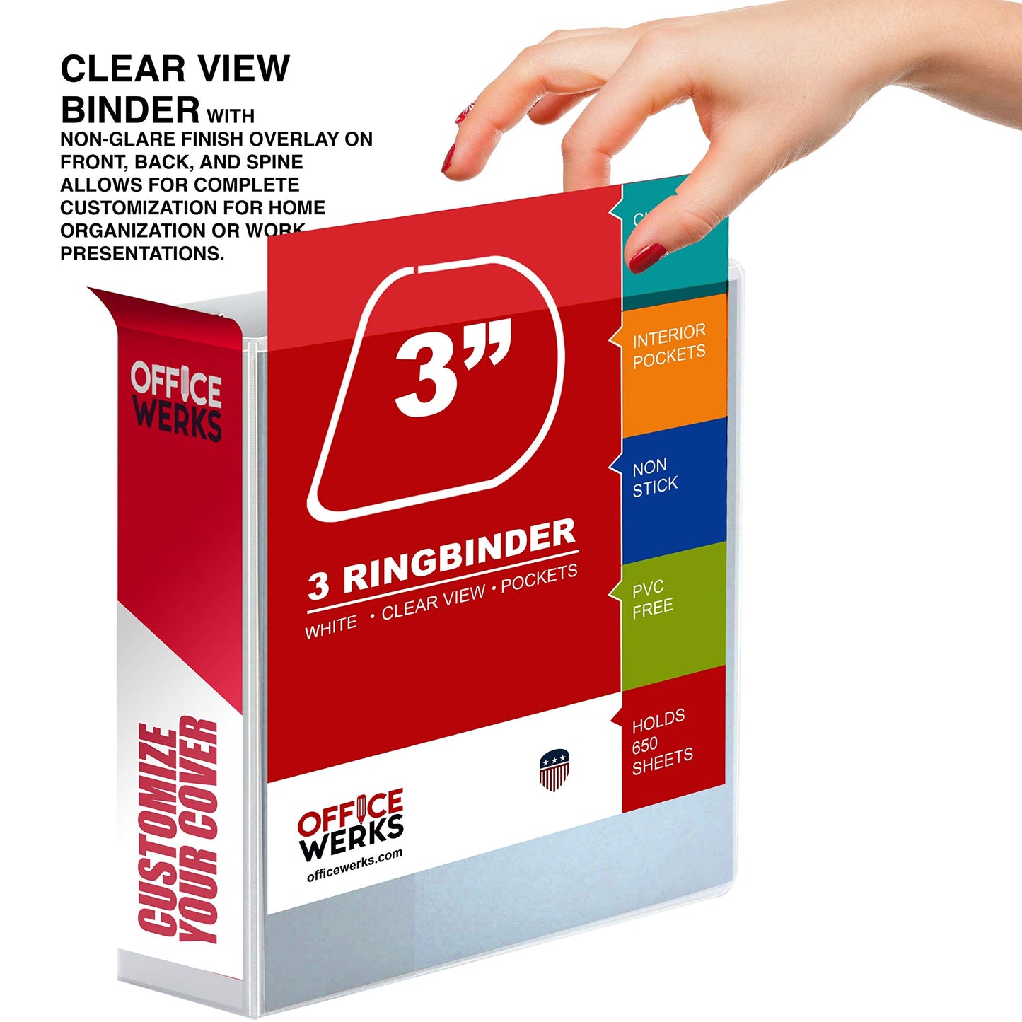 3 Ring Binder 3 Inch D-Ring, Holds 725 Sheets, 6 Pack White with Clear View Covers & 2 Pockets for 8.5x11 Paper, Heavy Duty Binders Assembled in USA for Office and School Supplies