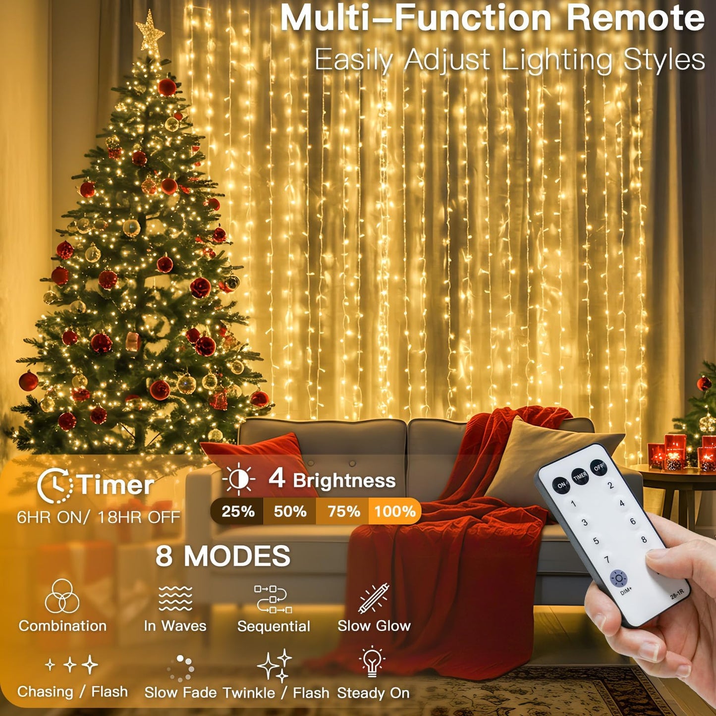suddus 900 LED Christmas String Lights Outdoor, 9.8x29.5ft Curtain Lights Plug in with Remote,Wall Hanging Lights for Christmas,Dorm,Wall,Window,Wedding,Party,Birthday Decor,Warm White