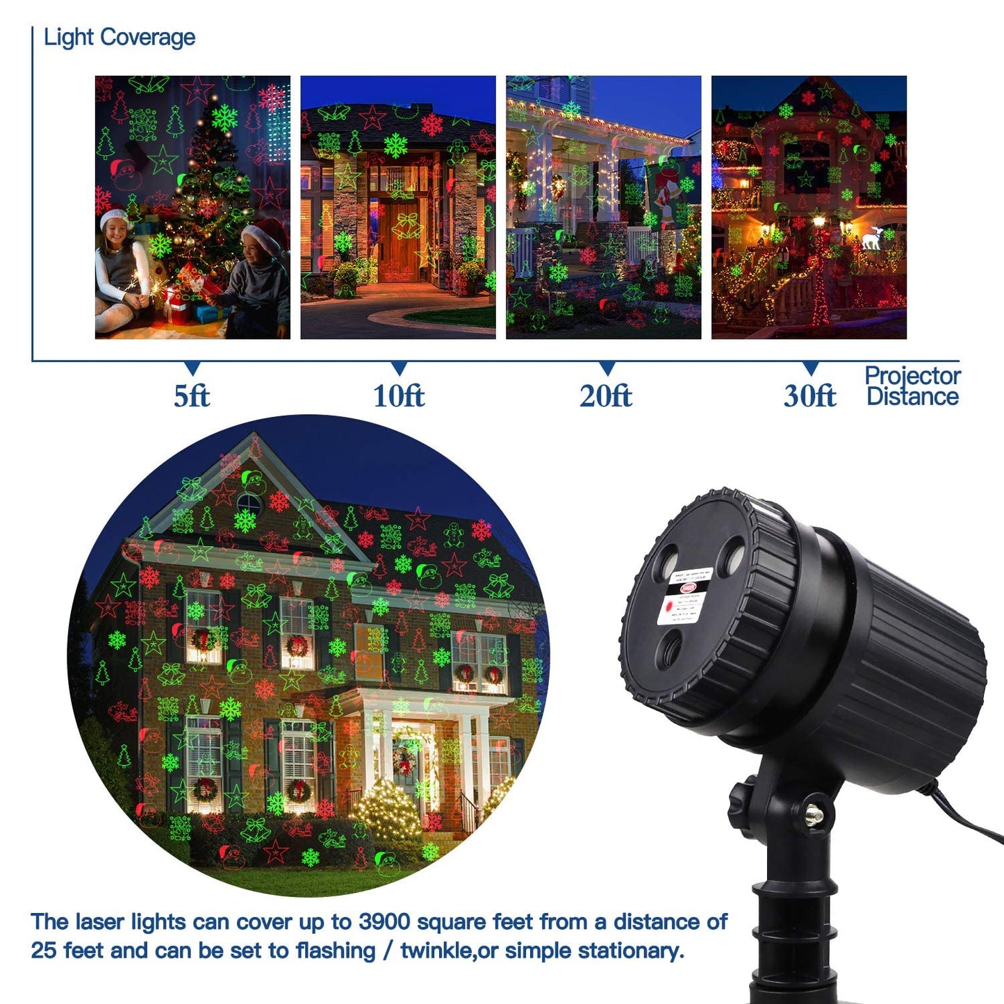 Christmas Laser Projector Lights, 8 Patterns LED Projection Lights with Remote, Landscape Projector Spotlights, Red and Green Star Show, Decoration for Outdoor and Indoor, Christmas, Holiday