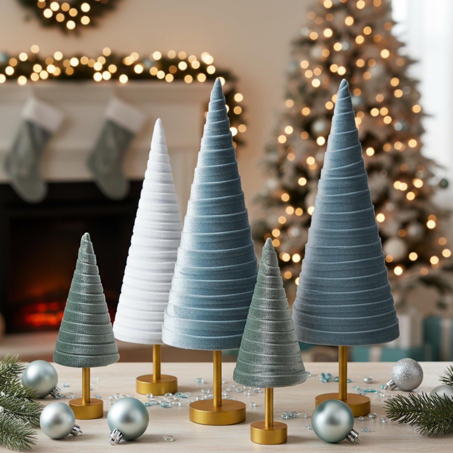Hoolerry 6 Pcs Christmas Velvet Trees with Gold Pedestal Christmas Velvet Cones Tree Mantel Decor Modern Rustic Winter Home Minimalist for Holiday Entryway Table Wedding Centerpiece(Morandi)