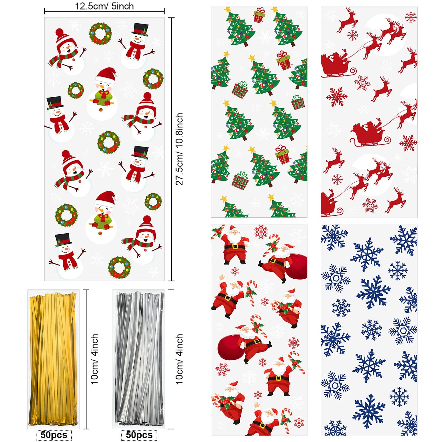 Outus 100 Pieces Christmas Cellophane Treat Bags, Plastic Christmas Cello Bags with Twist Ties for Candy, Cookie, Goodies, Gift Wrap, Xmas Party Favor Supplies (Santa)