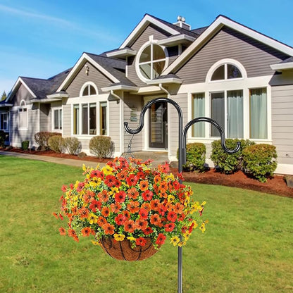 Artificial Faux Hanging Plants Flowers Basket for Fall Outdoor Decoration, Fake Silk Daisy in Planter Realistic UV Resistant Look Real for Porch Home Patio Balcony Yard(Red Orange Yellow)