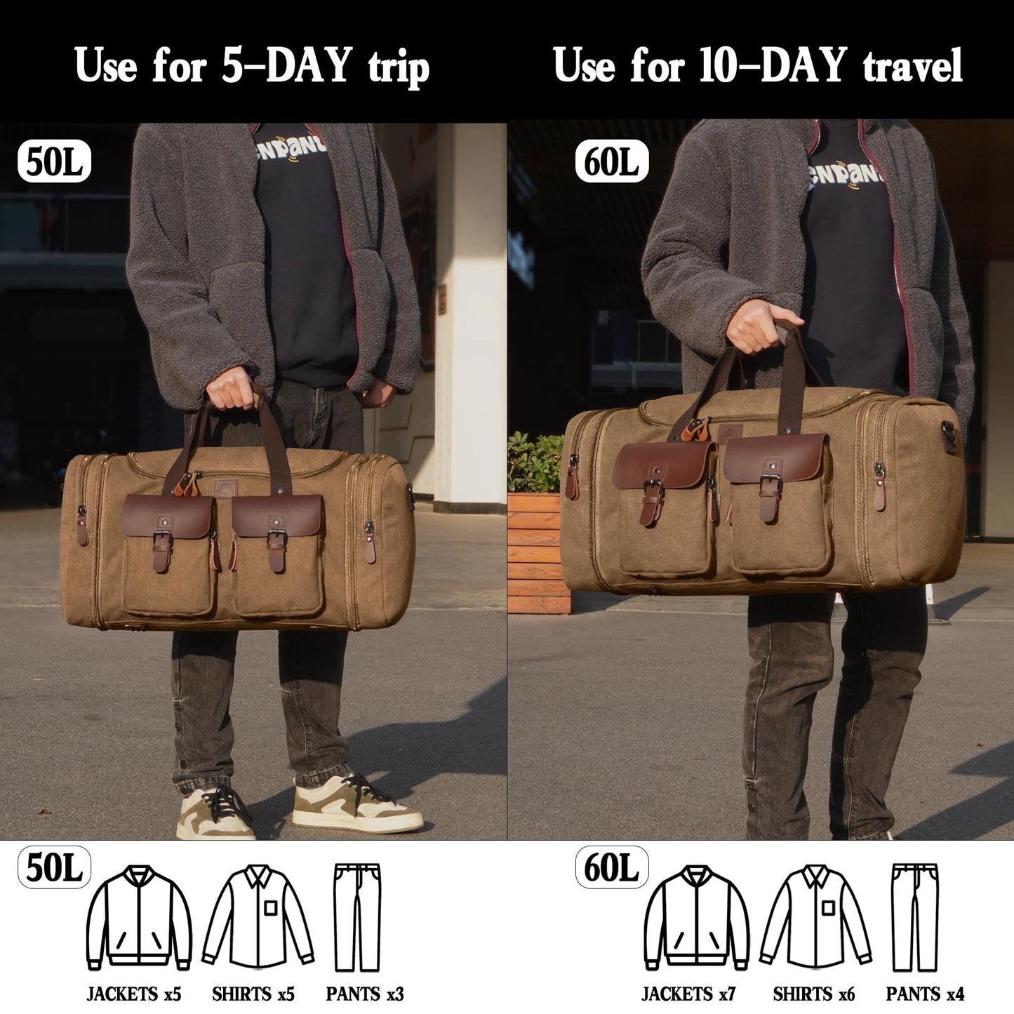 Densata Canvas Duffle Bag for Men 50L Travel Duffel Bags Expandable Genuine Leather Duffel Overnight Weekender Carry On Bag Two Zipper Pockets Travel Bag (Coffee, Large-50L)