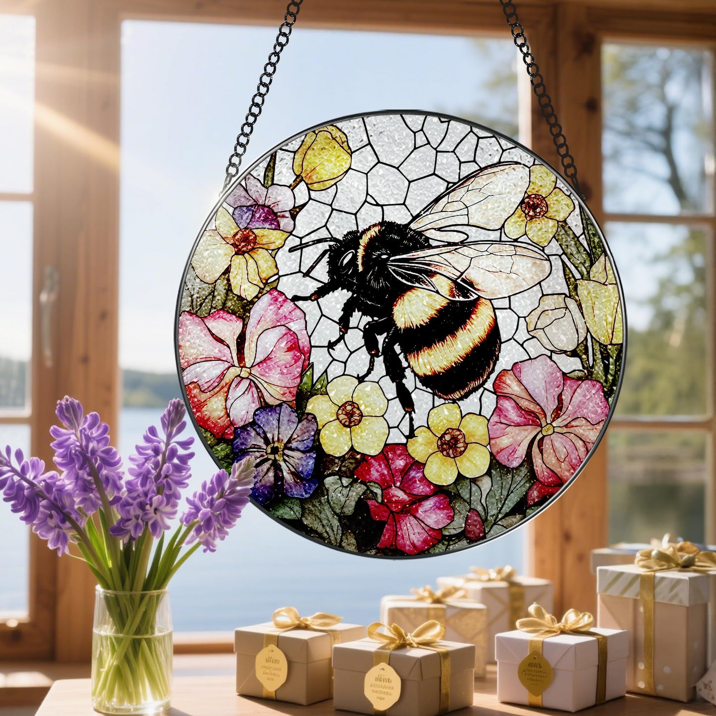 Stained Glass Window Hanging, 8 Inch Bee Stained Glass Ornament, Suncatchers for Windows Hanging, Window Decor, Gift for Garden Lover, Teacher Gift, Holiday, Birthday Gifts for Women Mom and Grandma