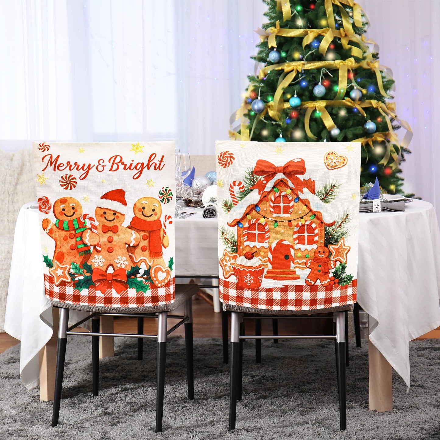 Whaline 4Pcs Christmas Chair Back Cover Red White Plaid Gingerbread Man Candy Cookie Seat Covers Dining Chair Slipcover Protector for Winter Xmas Home Kitchen Decor
