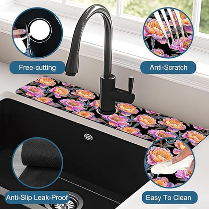 Colorful Peonies Sink Faucet Absorbing Mat Blooming Peonies Super Absorbent