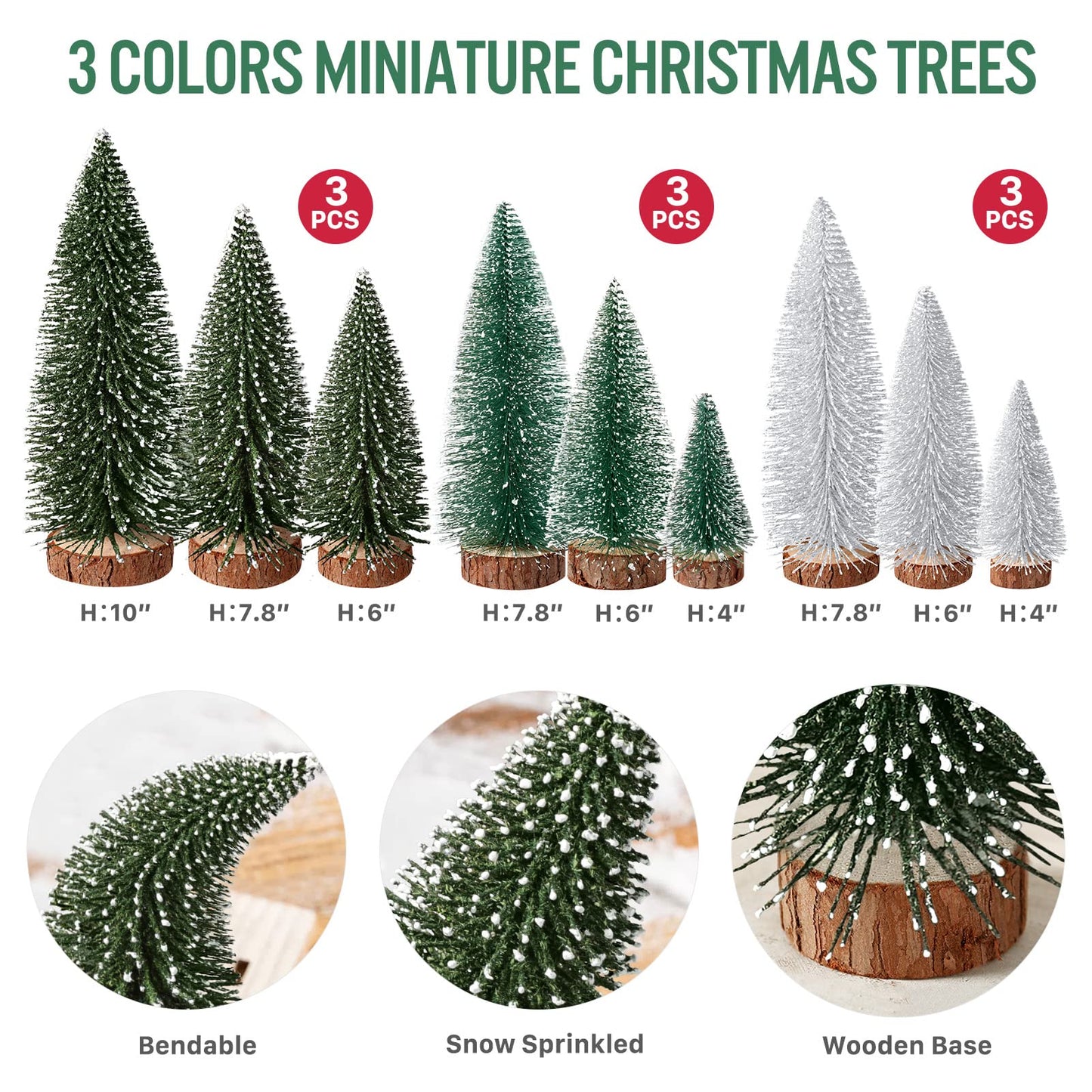 9Pcs Mini Christmas Trees Christmas Decor Artificial Christmas Decorations with 4 Sizes, Christmas Tree Bottle Brush Trees Christmas Table Decorations (Green Silver)