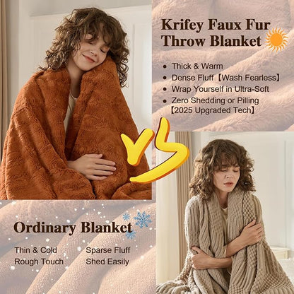 Krifey Oversized Faux Fur Blanket, Super Soft Cozy Blanket, Luxury Fluffy Throw Blanket Fuzzy Bed Throw, Plush for Women, Camel 60" x 80"