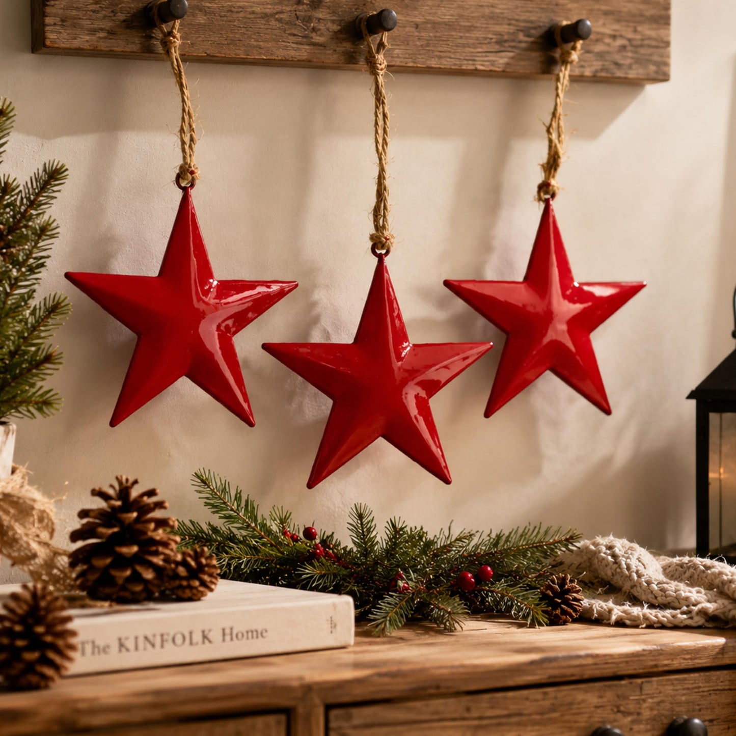 Hanging Star Wall Decor Set of 3 – Red Metal Hanging Star with Rope – Farmhouse Rustic Home & Christmas Decoration for Door, Wall & Window (5 x 5 x 10.2 Inches) (Red)