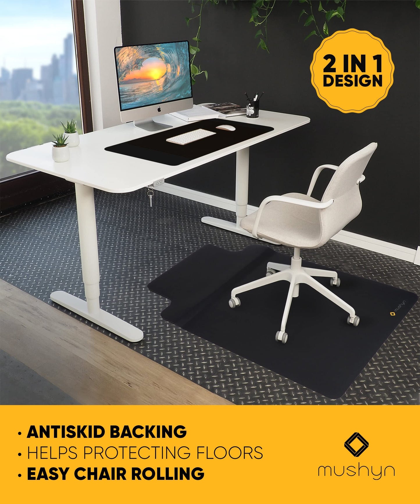 Office Chair Mat with Anti-Fatigue Cushioned Footrest – 2-in-1 Standing Desk Mat for Hardwood Floors – Dual-Zone Design for Standing Comfort and Smooth Chair Rolling (54” × 36”)